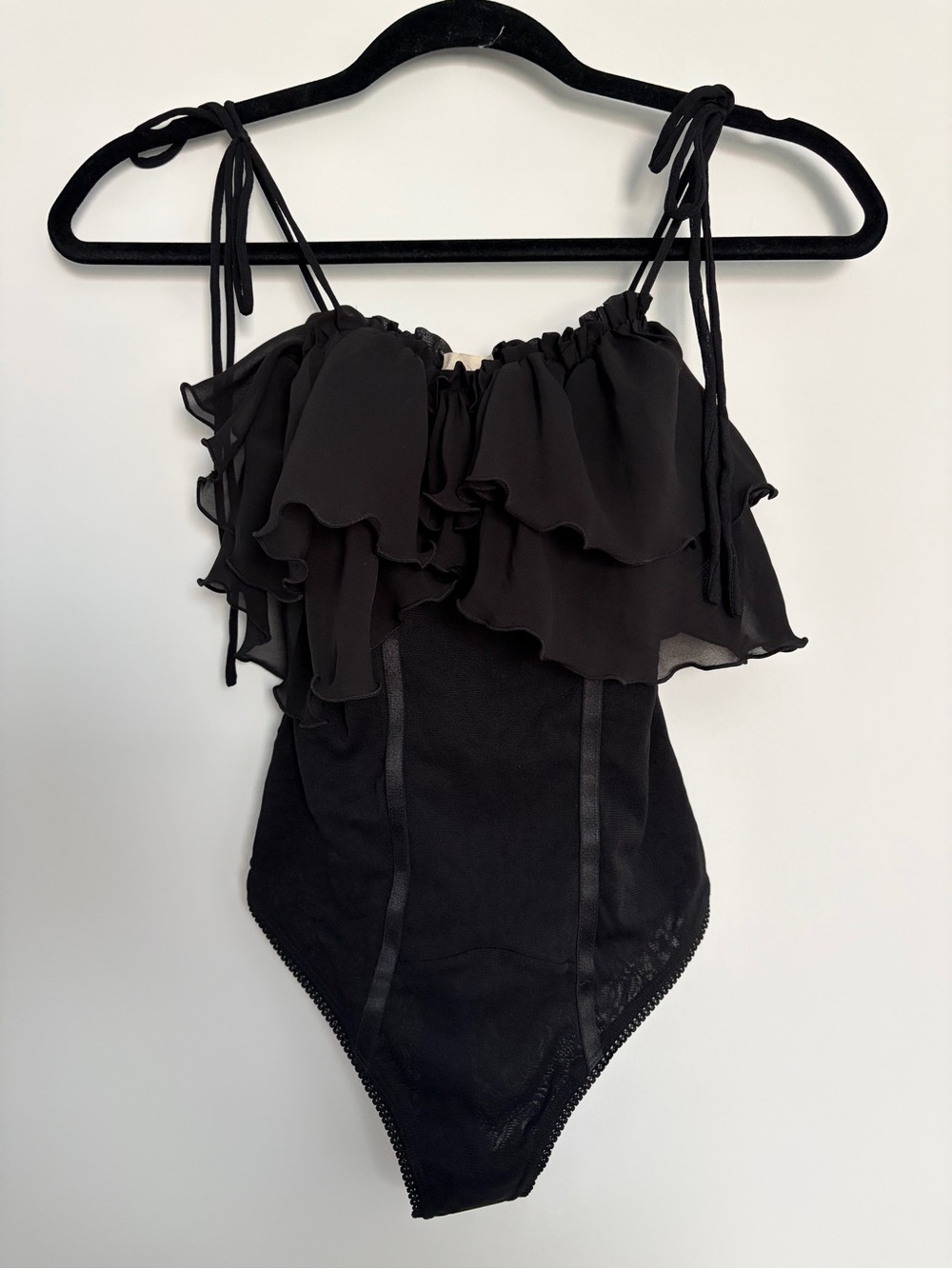 Free People Black Ruffle Bodysuit XS Sheer Chiffon Tie Strap Balletcore